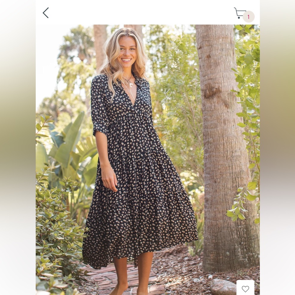 Natural Life Rebecca Midi Dress Floral Black Cream Roses Dress Boho Chic